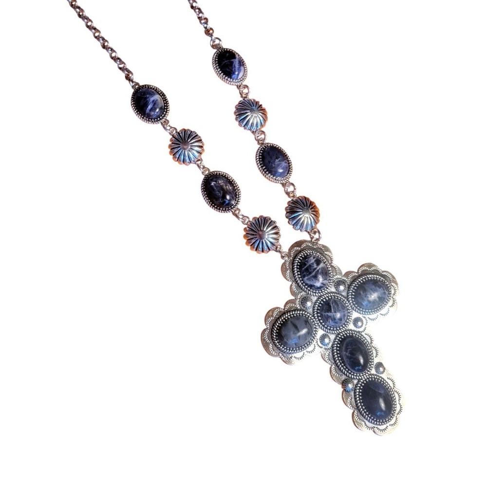NEw Blue Sodalite Stone‎ Sterling Silver Cross Necklace Western Southwestern